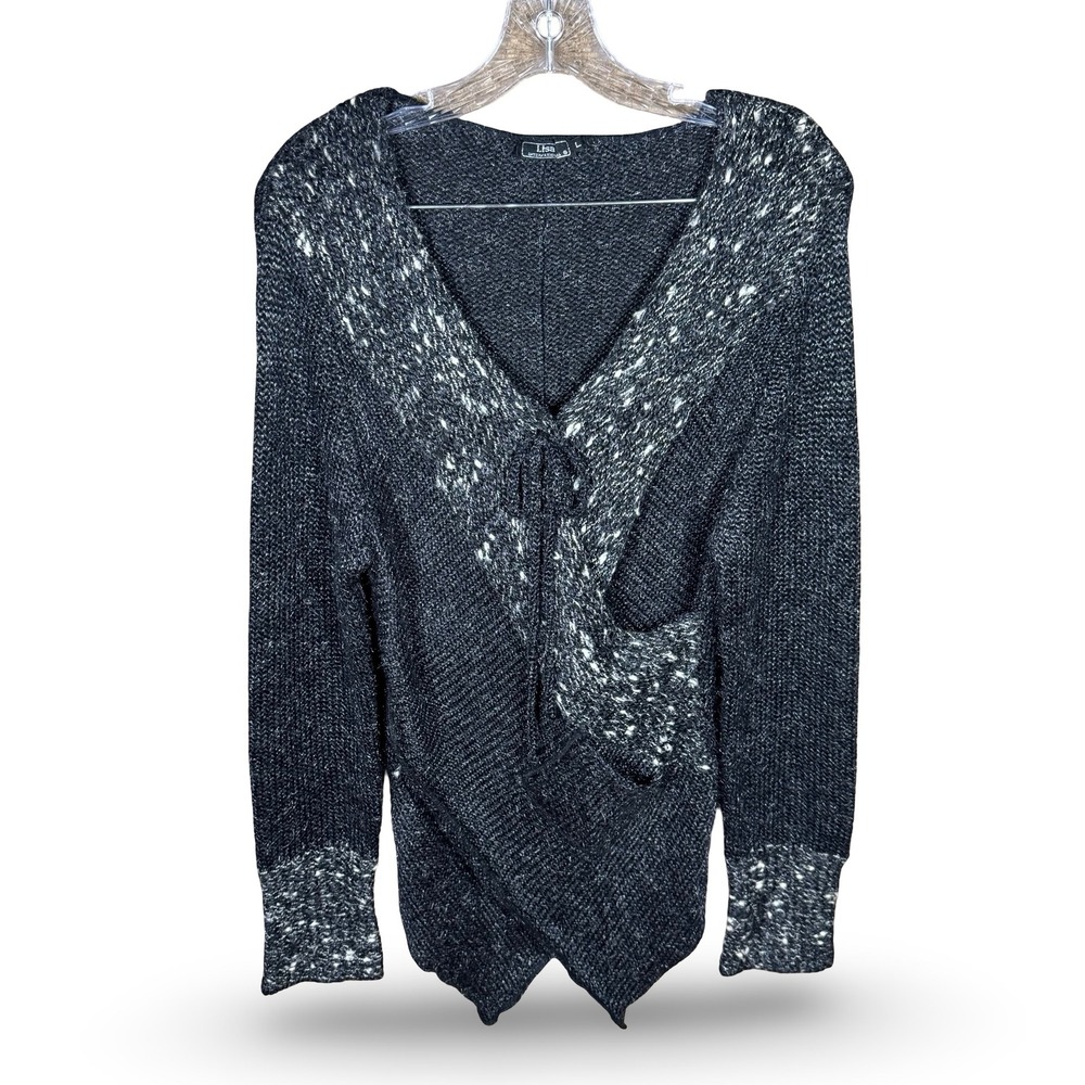 Lisa International Womens L Black Marled Knit Sweater Asymmetric Vintage 90s